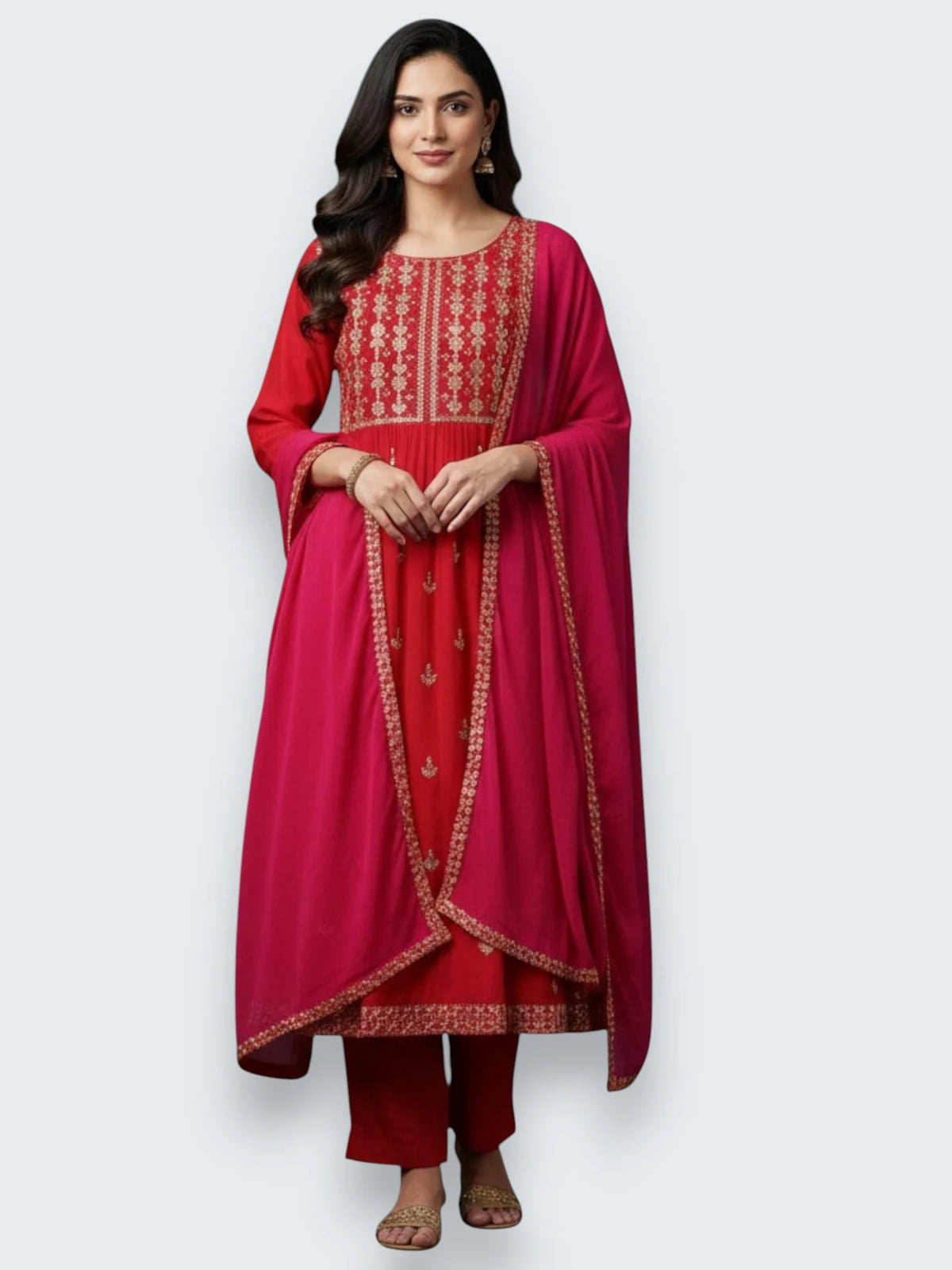 Jiarah Flared Gold Embroidery Thread Work Rayon Kurta Pant Set with Dupatta