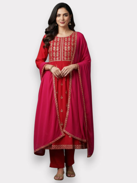 Jiarah Flared Gold Embroidery Thread Work Rayon Kurta Pant Set with Dupatta