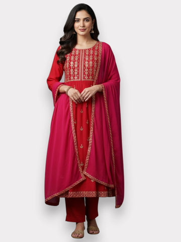 Jiarah Flared Gold Embroidery Thread Work Rayon Kurta Pant Set with Dupatta