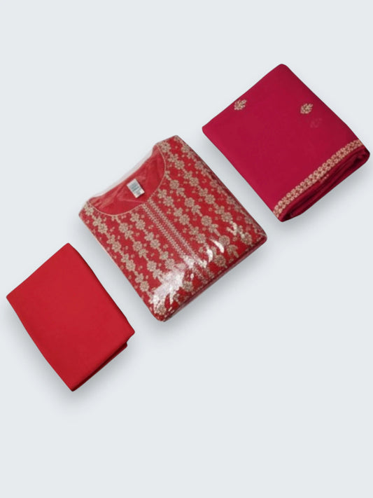 Jiarah Flared Gold Embroidery Thread Work Rayon Kurta Pant Set with Dupatta