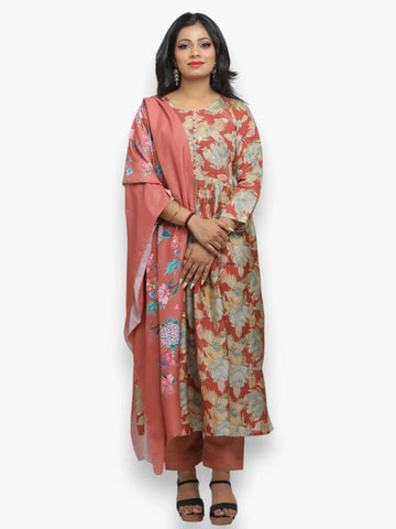 Jiarah Floral Foil Print Anarkali Kurta Set with Dupatta