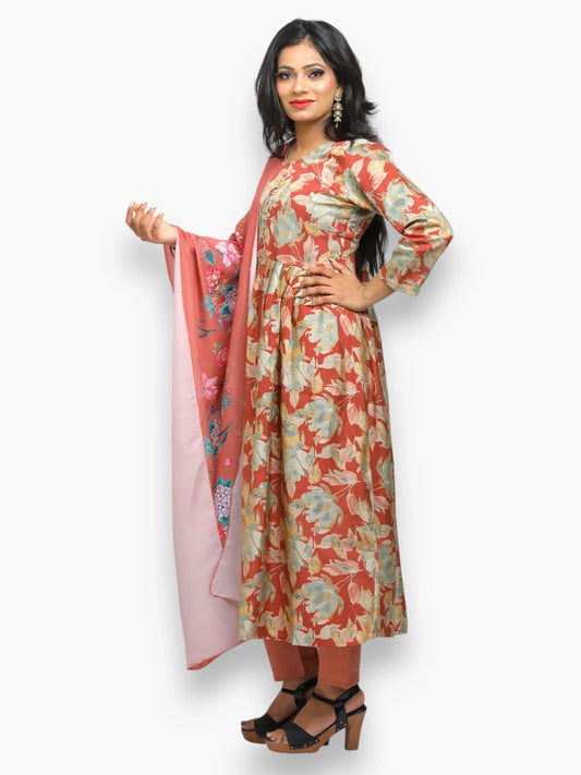 Jiarah Floral Foil Print Anarkali Kurta Set with Dupatta
