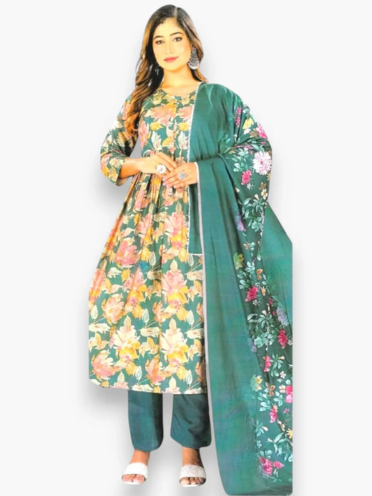 Jiarah Floral Foil Print Anarkali Kurta Set with Dupatta