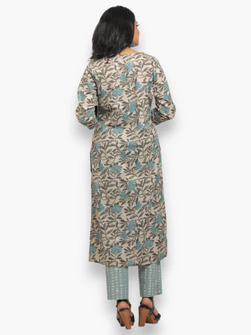 Jiarah Floral Print Pearl Handwork Cotton Kurta Set with Dupatta