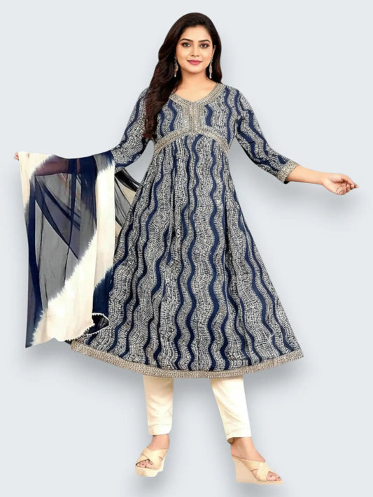 Jiarah Leheriya Foil Printed Sequins Work Paneled Kurta Pant Set With Dupatta