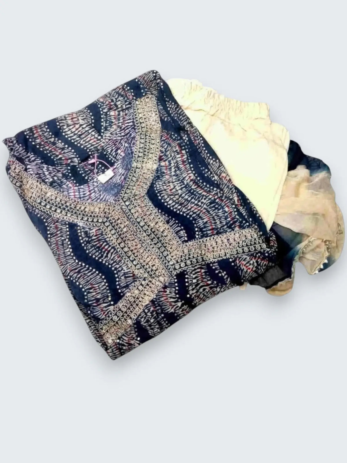 Jiarah Leheriya Foil Printed Sequins Work Paneled Kurta Pant Set With Dupatta
