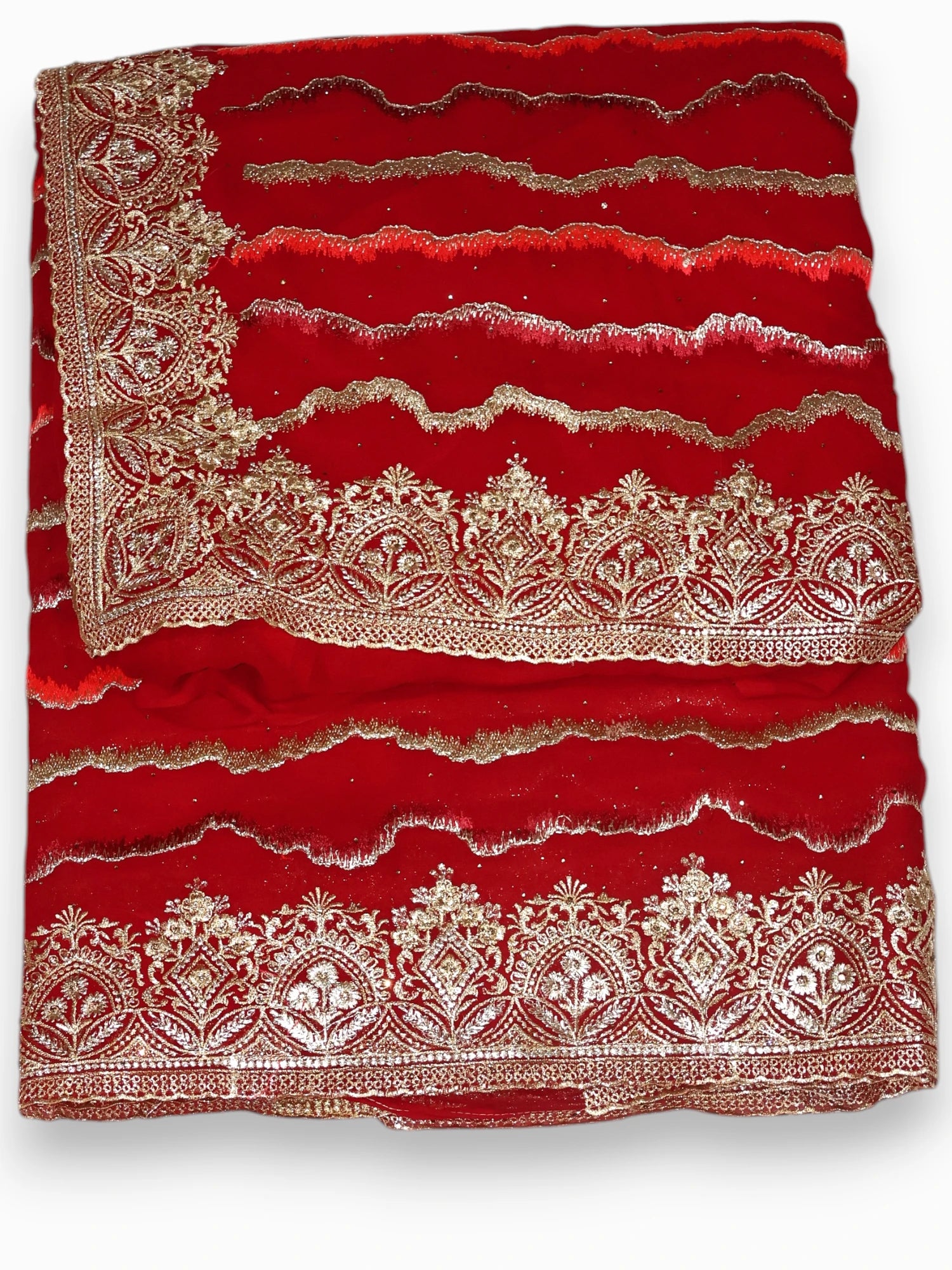 Jiarah Leheriya Heavy Embroidery Thread Work Red Bridal Chiffon Saree