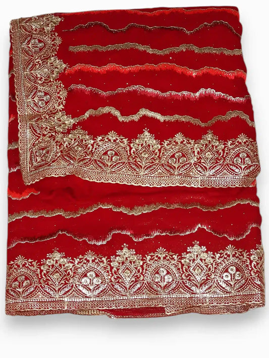 Jiarah Leheriya Heavy Embroidery Thread Work Red Bridal Chiffon Saree