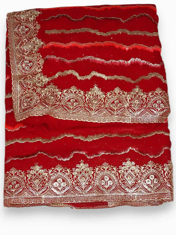 Jiarah Leheriya Heavy Embroidery Thread Work Red Bridal Chiffon Saree