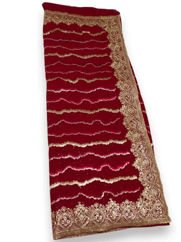 Jiarah Leheriya Heavy Embroidery Thread Work Red Bridal Chiffon Saree