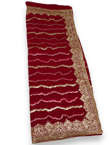 Jiarah Leheriya Heavy Embroidery Thread Work Red Bridal Chiffon Saree