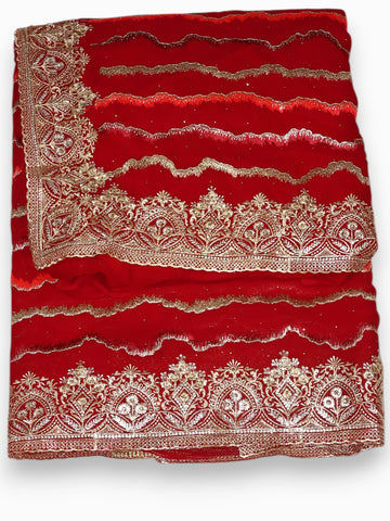 Jiarah Leheriya Heavy Embroidery Thread Work Red Bridal Chiffon Saree