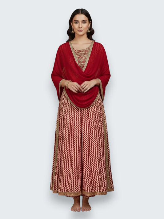 Jiarah Lehriya Print Rayon Flared Kurta Set with Dupatta
