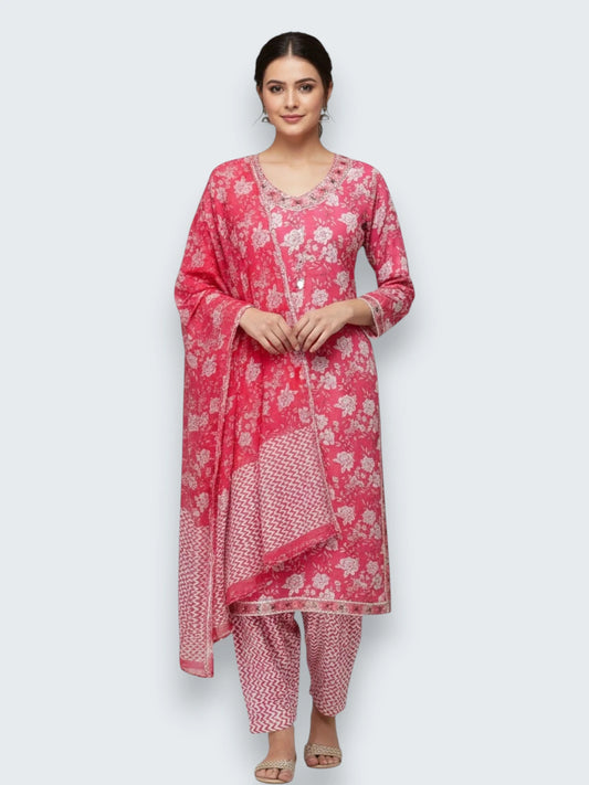 Jiarah Punjabi Style Mirror sequins Work Pure Cotton Kurta Salwar Set with Dupatta