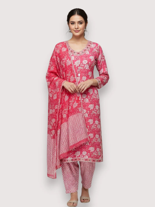 Jiarah Punjabi Style Mirror sequins Work Pure Cotton Kurta Salwar Set with Dupatta