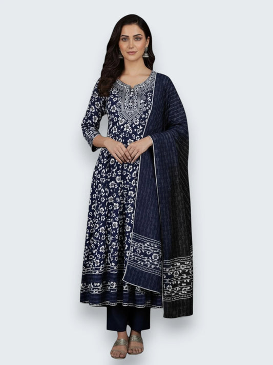 Jiarah Pure Cotton Floral Anarkali Kurta Set with Dupatta