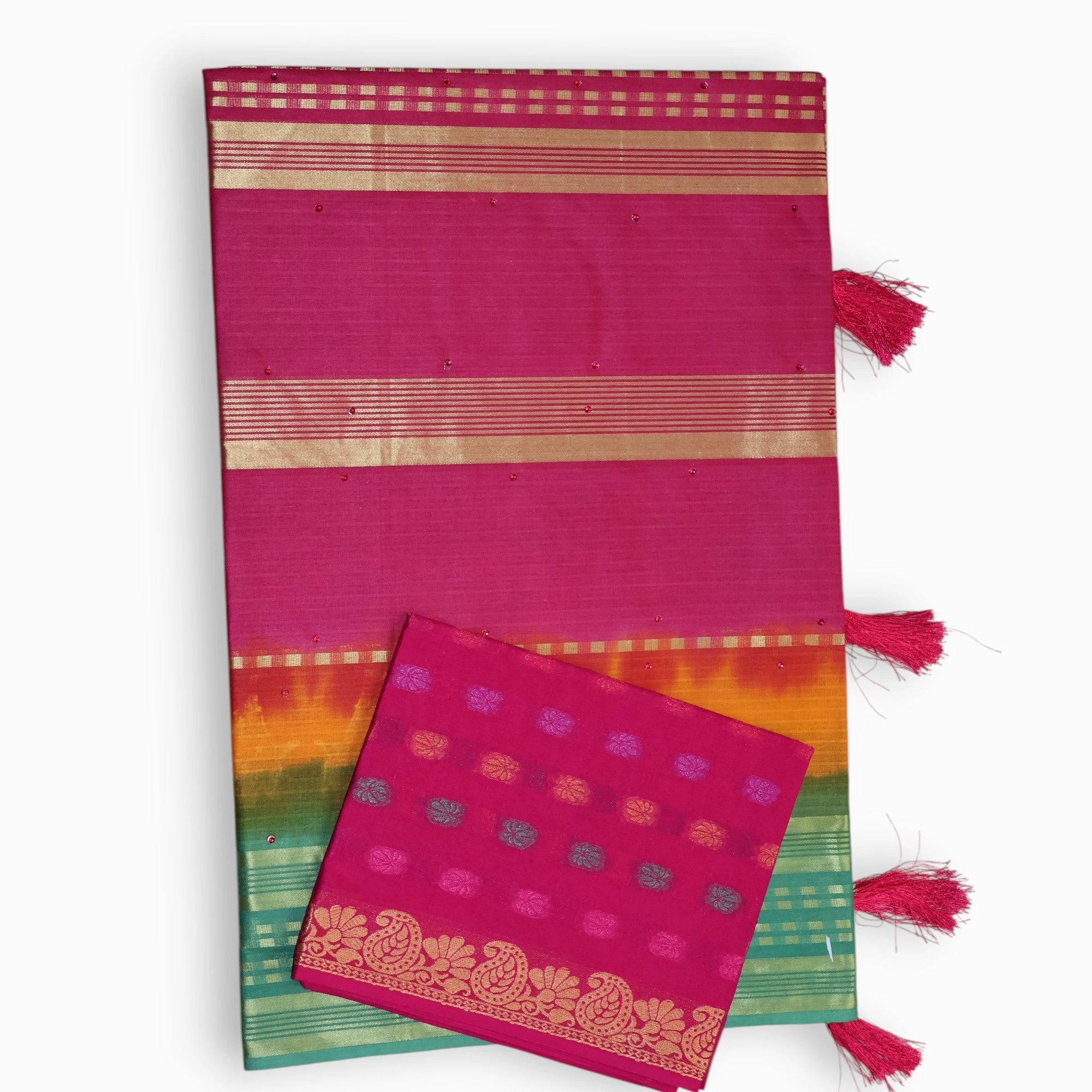 Jiarah Pure Cotton Zari Border Dual Tone Saree Pink