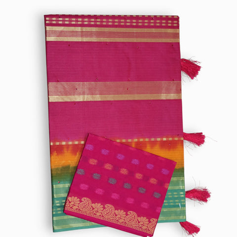 Jiarah Pure Cotton Zari Border Dual Tone Saree Pink