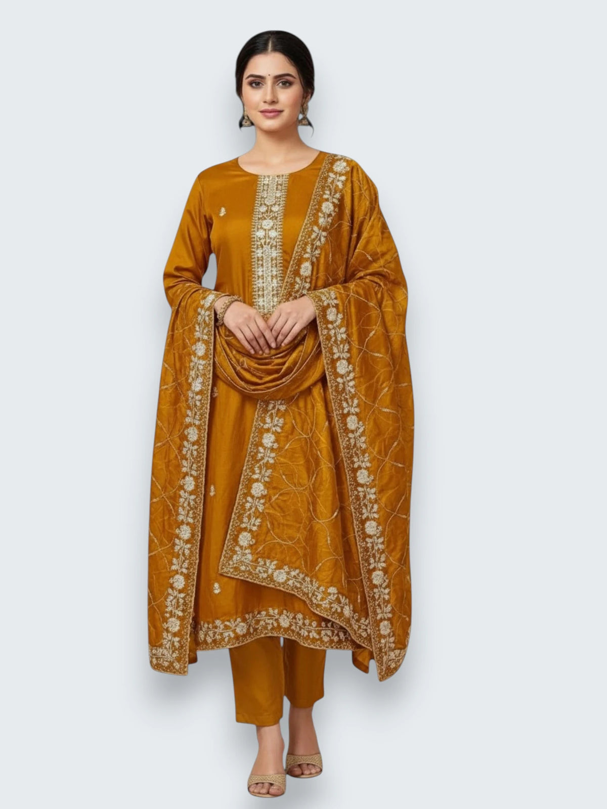 Jiarah Roman Silk Embroidery Thread Work Kurta Set with Dupatta