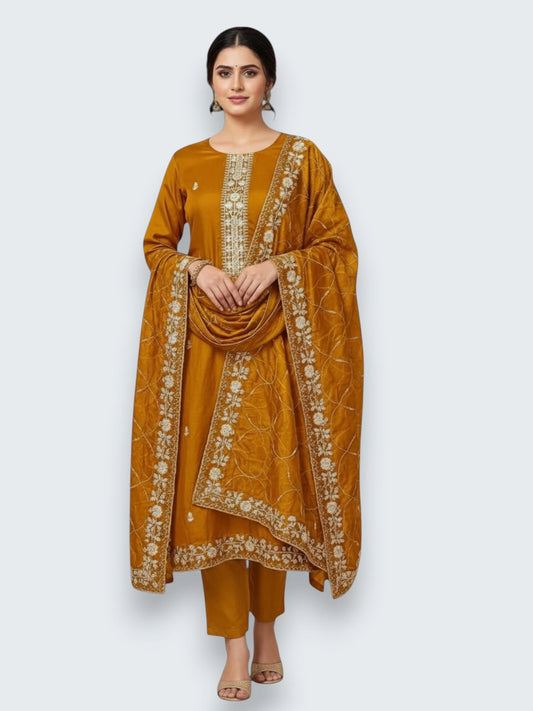Jiarah Roman Silk Embroidery Thread Work Kurta Set with Dupatta