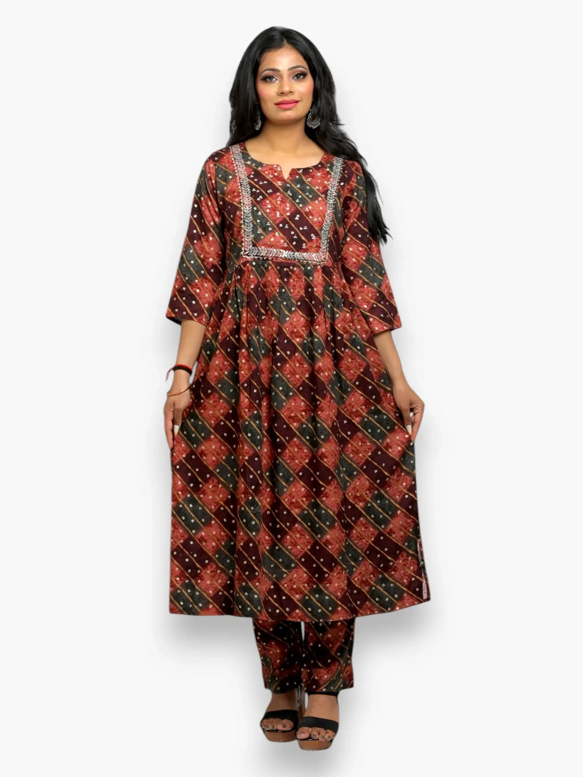 Jiarah Sequins Work Lehriya Foil Print Rayon Kurta Pant Set with Dupatta