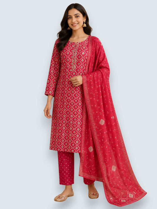 Jiarah Foil Print Sequins Work Silk Kurta Set with Dupatta