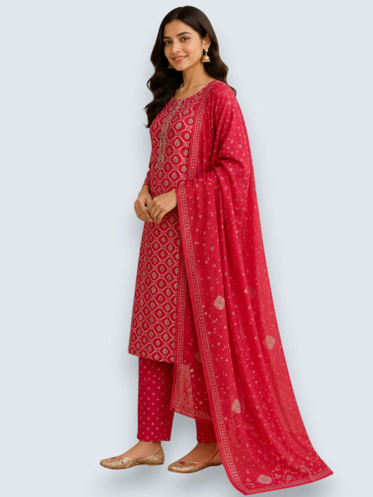 Jiarah Foil Print Sequins Work Silk Kurta Set with Dupatta