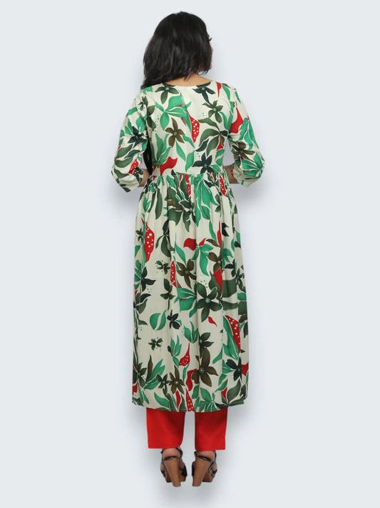 Jiarah Floral Print Sequins Work Paneled Rayon Kurta Pant Set