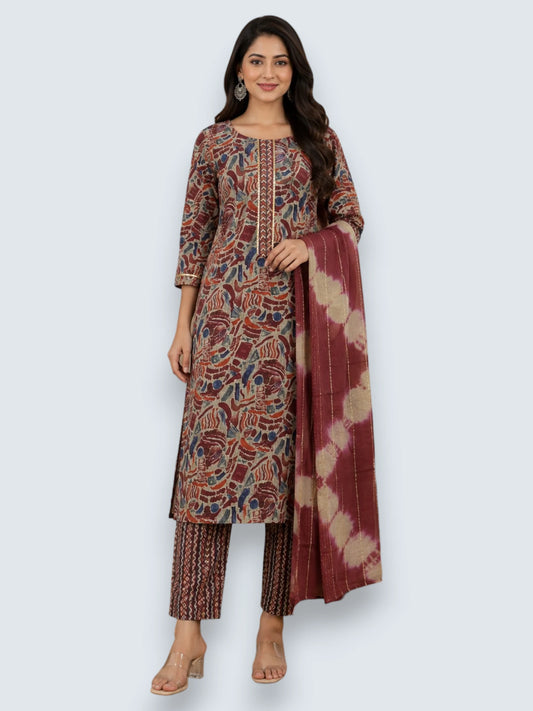 Jiarah Straight Abstract Foil Print Kurta Palazzo With Dupatta Set