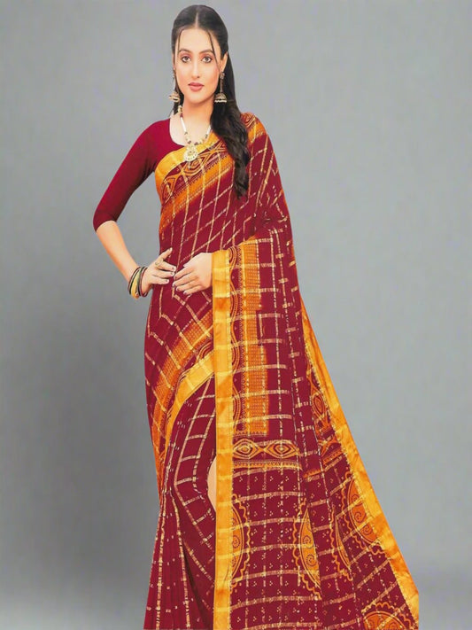 Jiarah Pure Cotton Zari Bandhani Printed Dual Tone Saree - Red