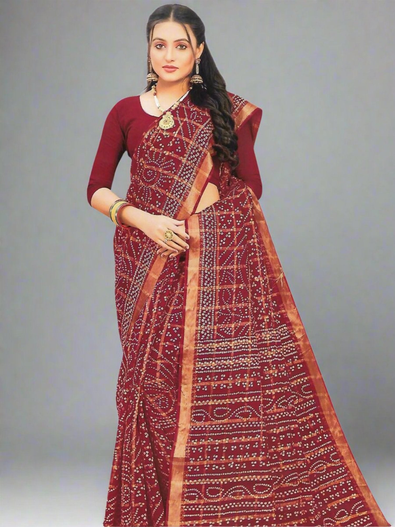 Jiarah Pure Cotton Zari Bandhani Printed Dual Tone Saree - red