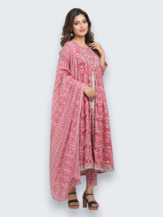 Jiarah Flared Middle Cut Pink Kurta Set with Gottapati Dupatta