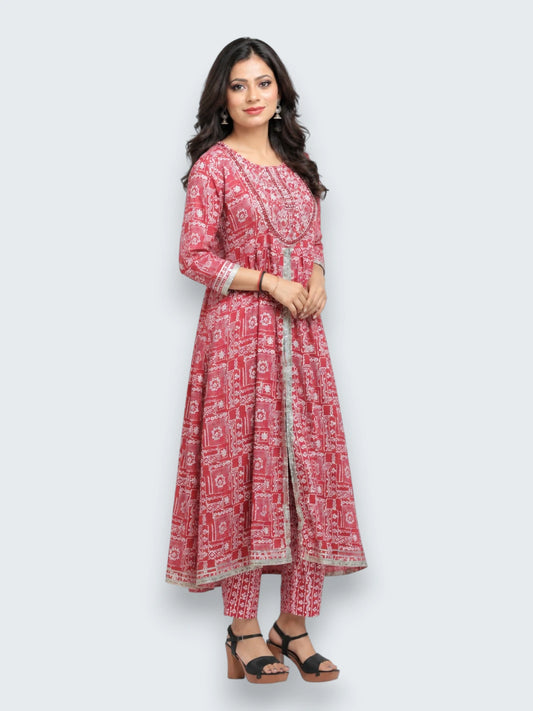 Jiarah Flared Middle Cut Pink Kurta Set with Gottapati Dupatta