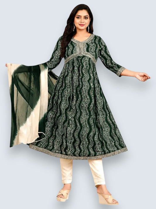 Jiarah Leheriya Foil Printed Sequins Work Paneled Kurta Pant Set With Dupatta