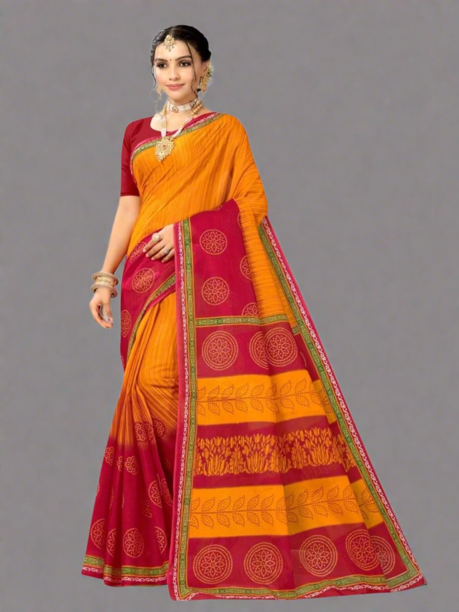 Jiarah Chuniri Print Cotton Saree- yellow