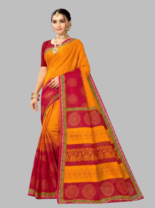 Jiarah Chuniri Print Cotton Saree- yellow