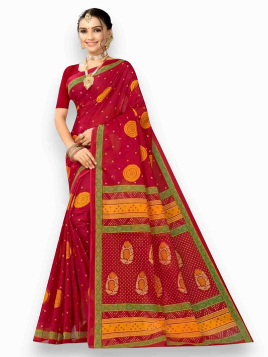 Jiarah Floral Bandhani Print Cotton Saree