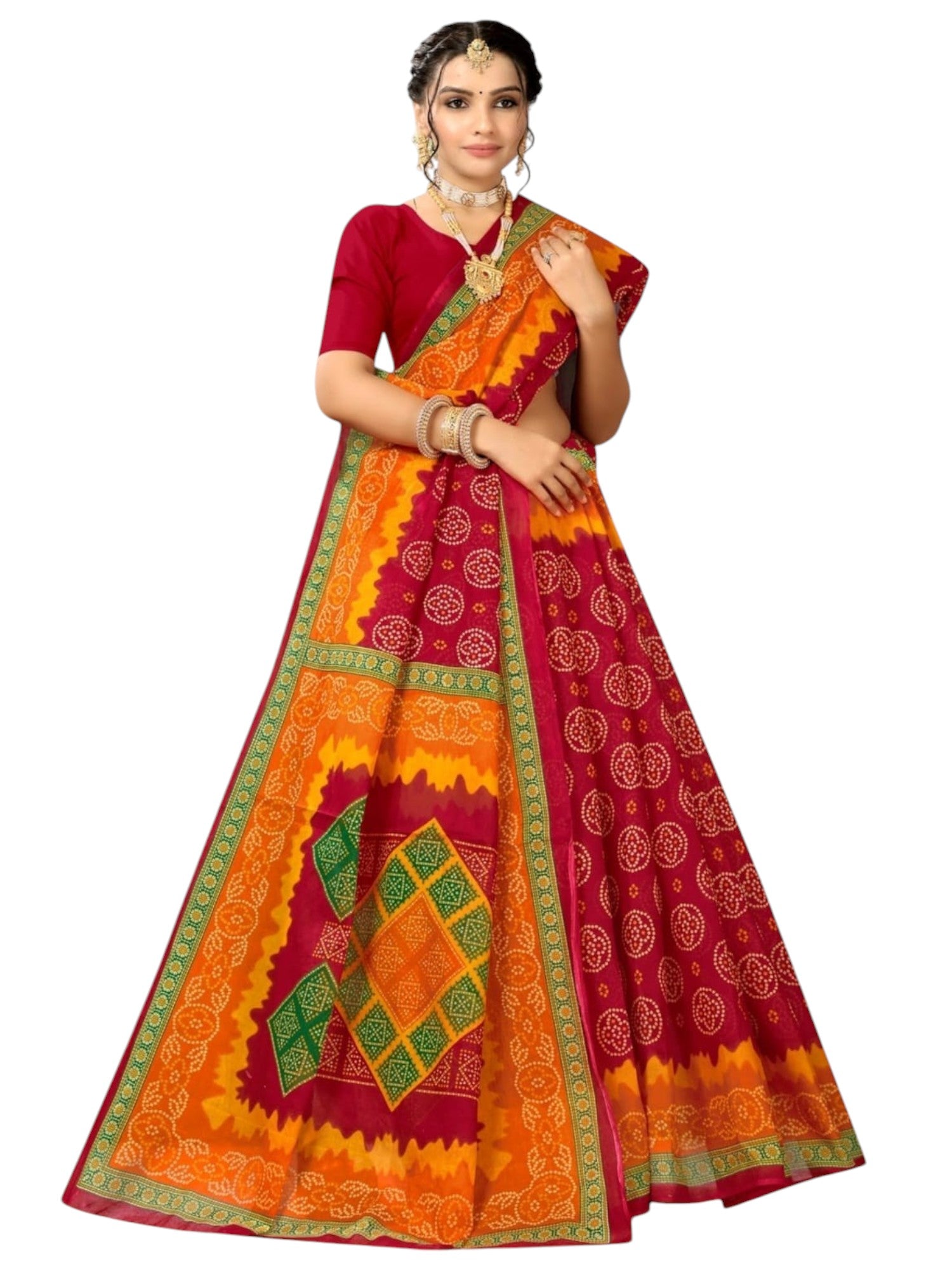 Jiarah khombi Bandhani Print Cotton Saree