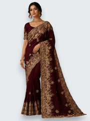 Jiarah Floral Heavy Embroidery Thread Work Georgette Bridal Saree