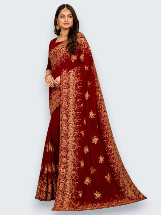 Jiarah Floral Heavy Embroidery Thread Work Georgette Bridal Saree