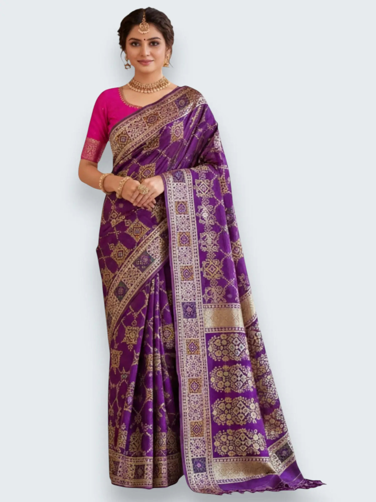 Jiarah Bandhej Patola Minakari Work Silk Saree