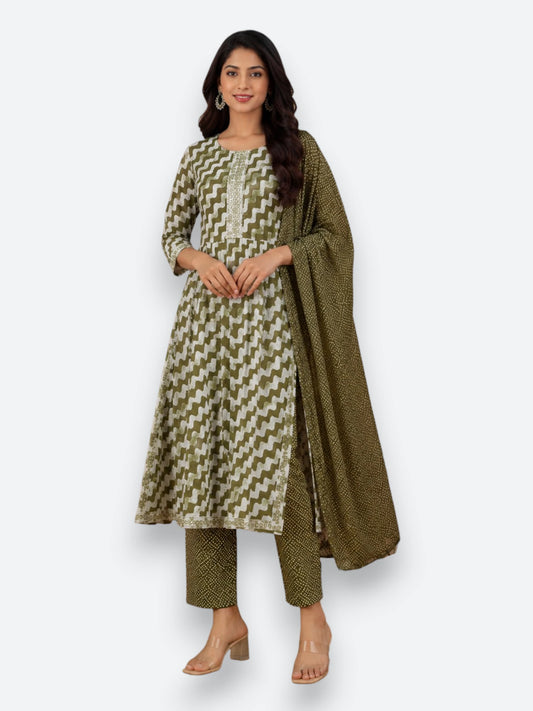 Jiarah Striped Print Rayon Kurta Set with Dupatta