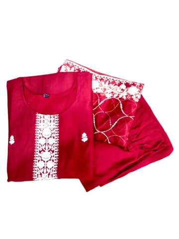 Jiarah Roman Silk Embroidery Work Straight Kurta Pant Set With Organza Dupatta