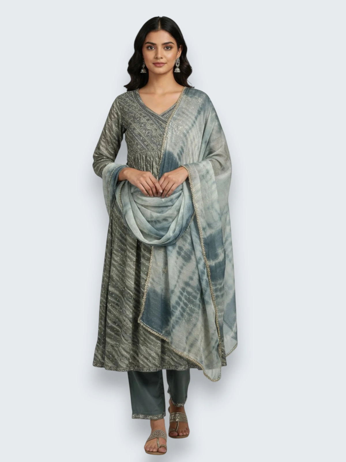 Jiarah Angrakha Lehriya Flared Rayon Kurta Set with Dupatta