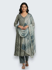 Jiarah Angrakha Lehriya Flared Rayon Kurta Set with Dupatta