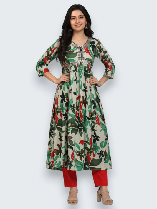 Jiarah Floral Print Sequins Work Paneled Rayon Kurta Pant Set