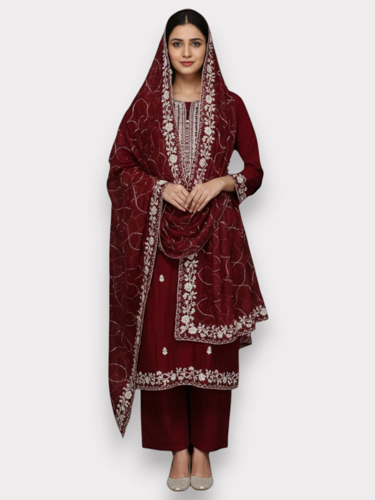 Jiarah Roman Silk Embroidery Work Straight Kurta Pant Set With Organza Dupatta