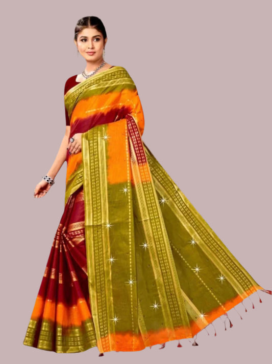 Jiarah Pure Cotton Zari Border Dual Tone Saree - Red