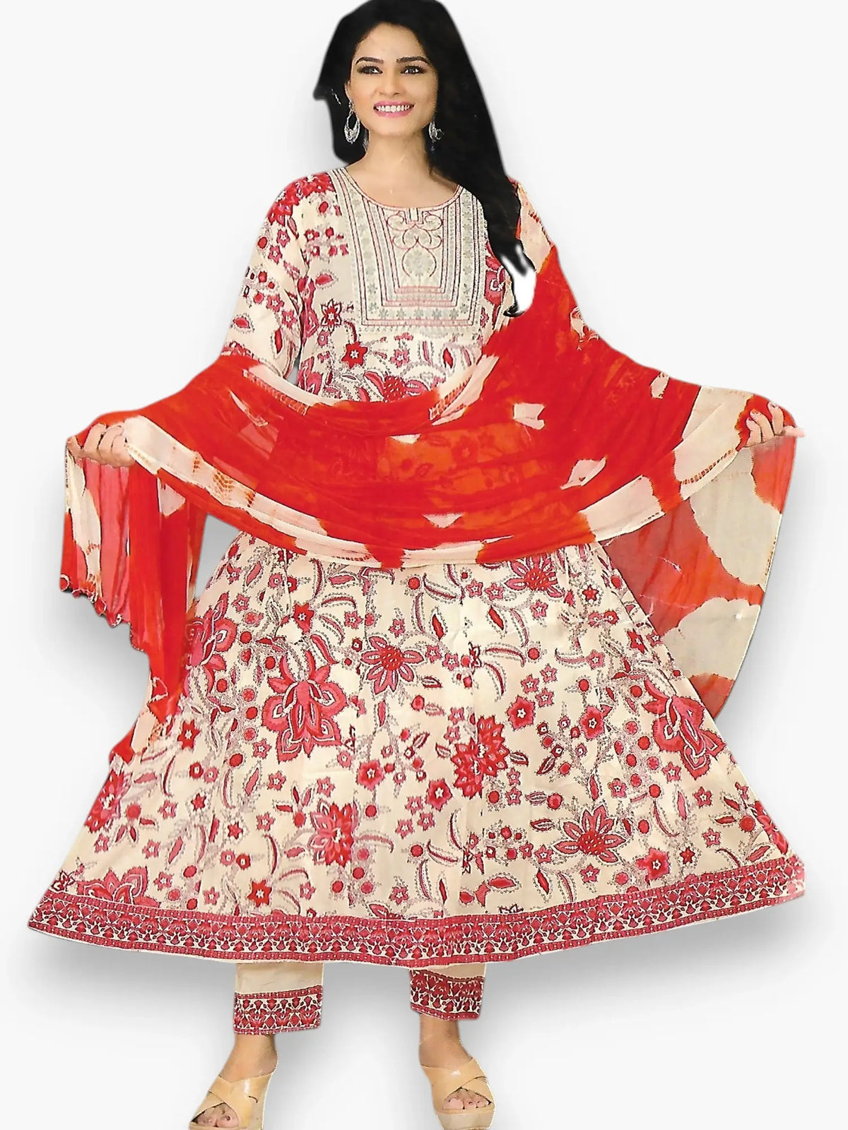 Jiarah Threadwork Floral Print Anarkali Kurta Pant Set with Dupatta