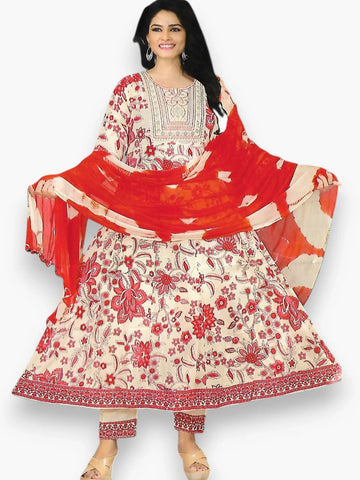Jiarah Threadwork Floral Print Anarkali Kurta Pant Set with Dupatta